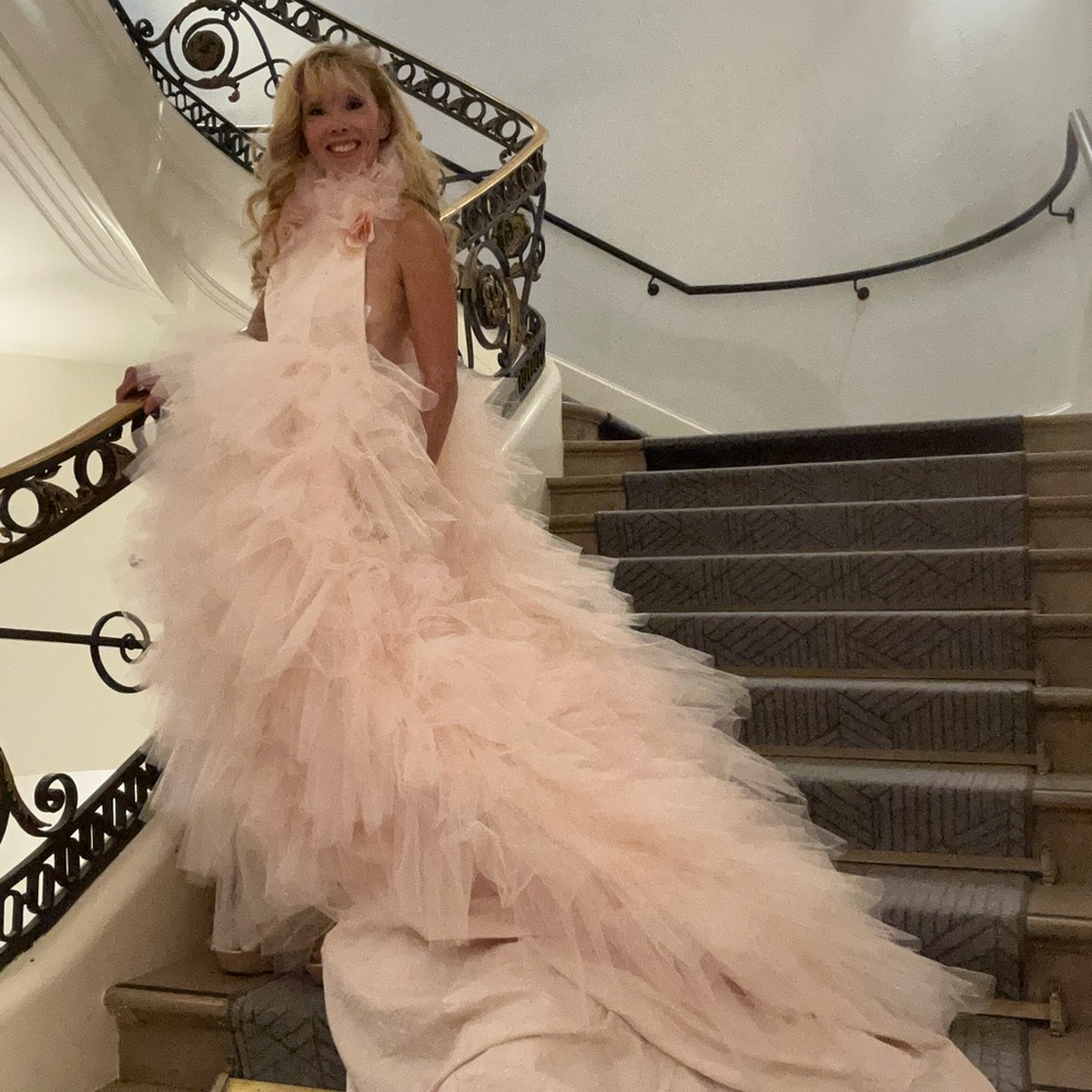 Elegant Blush Ruffled Tulle Prom Gown